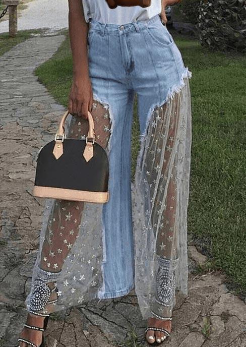 

Star Mesh See-Through Wide Leg Denim Pants - Light Blue, 500676