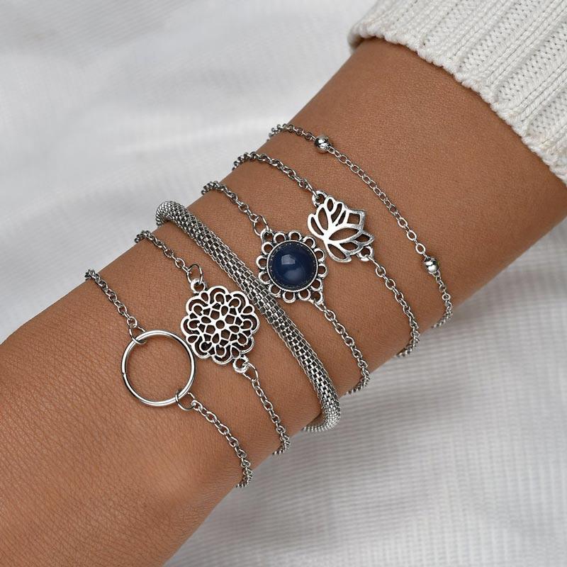 

6Pcs Hollow Out Lotus Cobblestone Bracelet Set - Silver, 500803