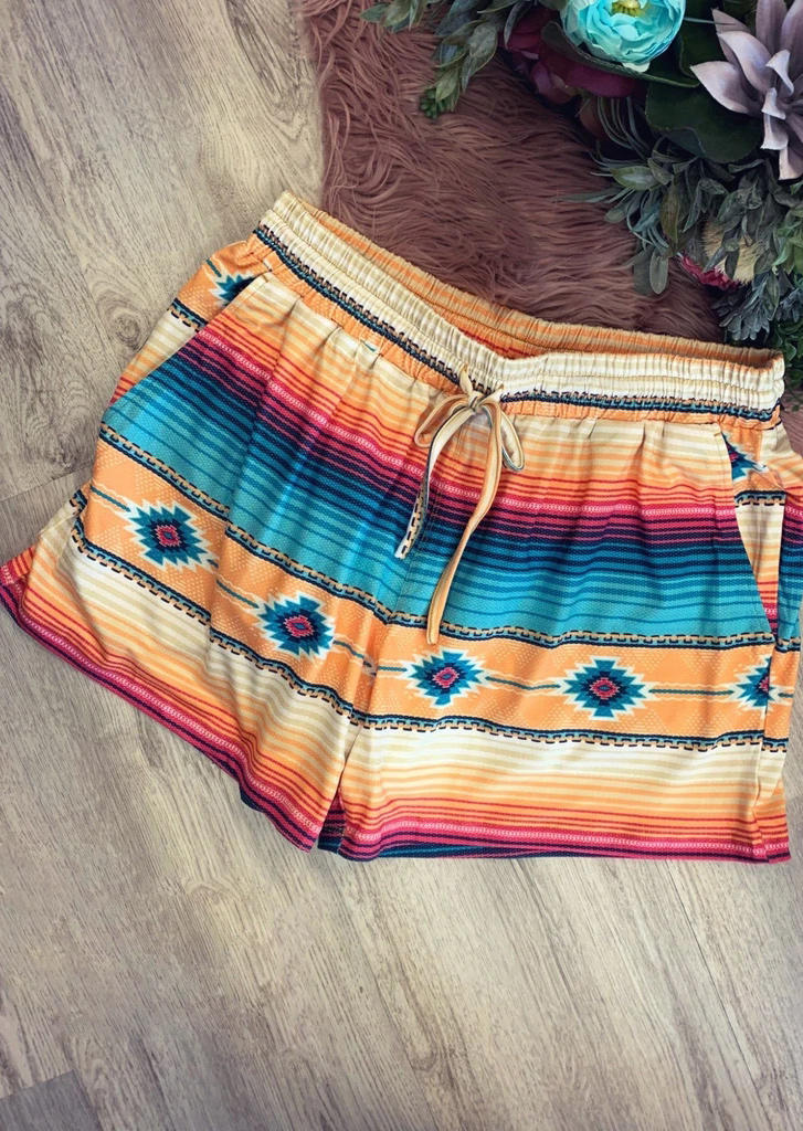 

Aztec Geometric Striped Pocket Drawstring Shorts, Multicolor, 500886