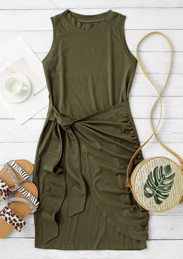 Ruffled Tie Sleeveless O-Neck Mini Dress - Army Green