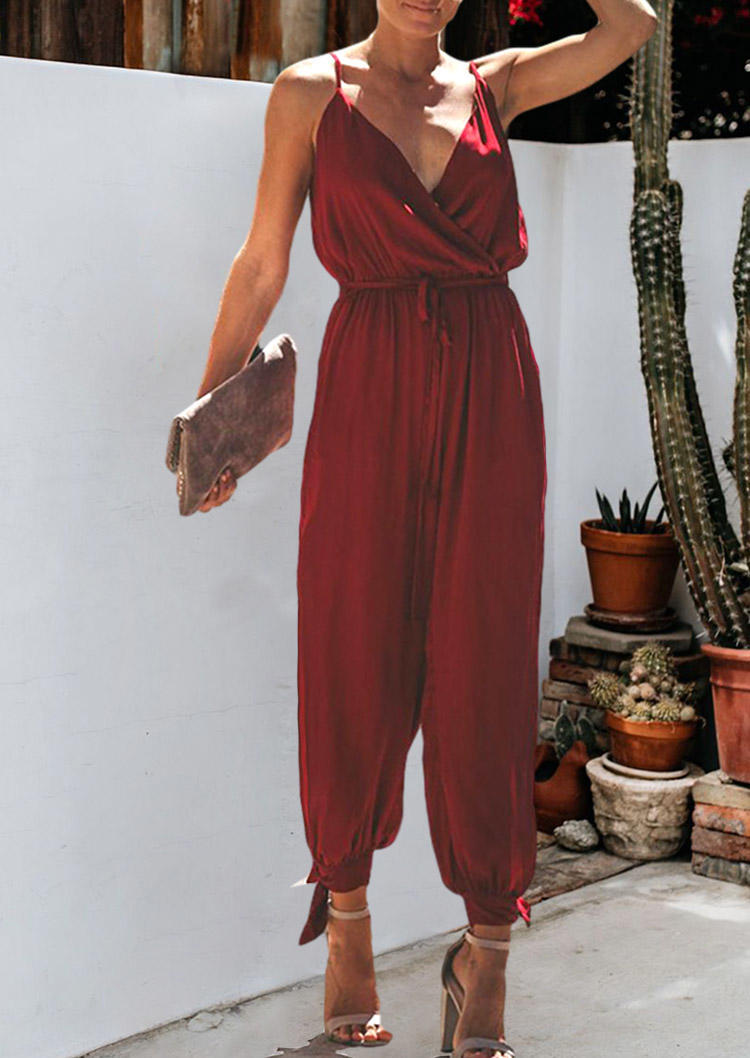 

Tie Ruffled Wrap Spaghetti Strap V-Neck Jumpsuit - Burgundy, 499984