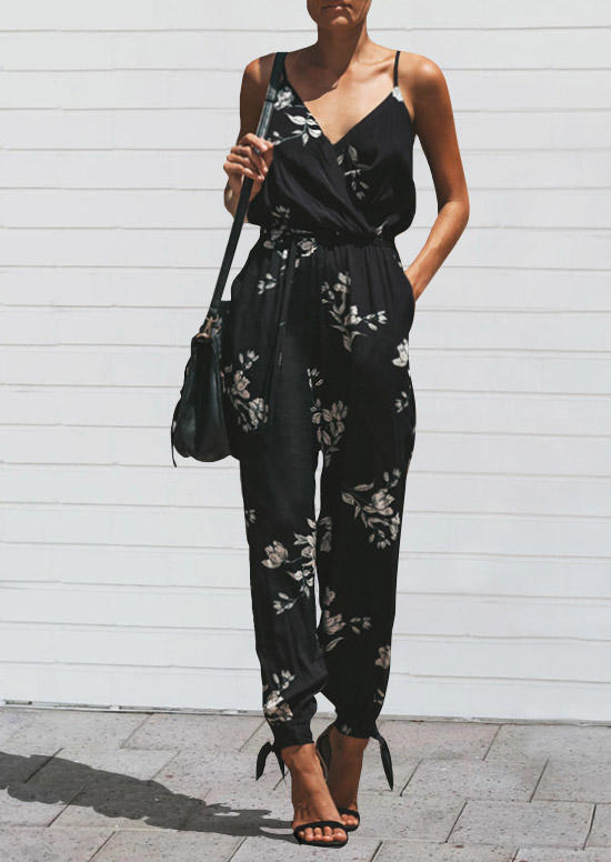 

Floral Hollow Out Pocket Tie Spaghetti Strap Jumpsuits - Black, 499991