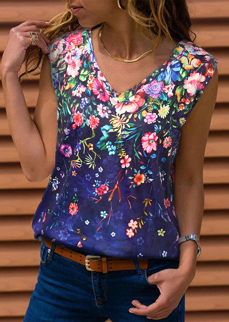 

Floral V-Neck Casual Tank - Blue, 500798