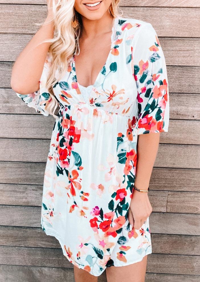 

Floral Elastic Waist Ruffled Deep V-Neck Mini Dress - White, 500852