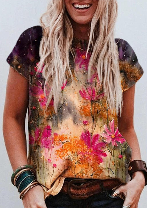

Floral Oil Painting Bleached Blouse, Multicolor, 500922
