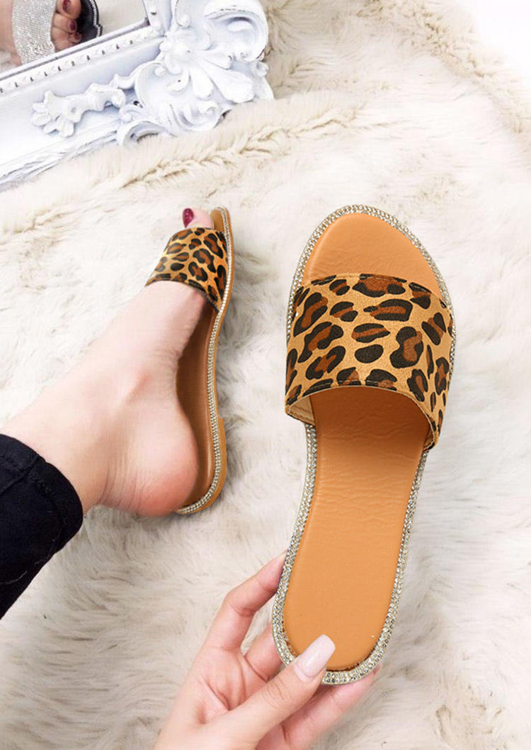 

Leopard Glitter Rhinestone Open Toe Slip On Slippers, 500940