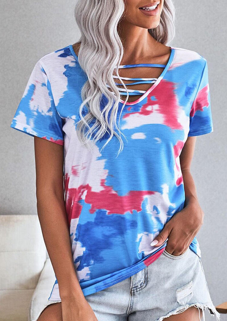 

Tie Dye Hollow Out Keyhole Neck Blouse - Blue, 501070