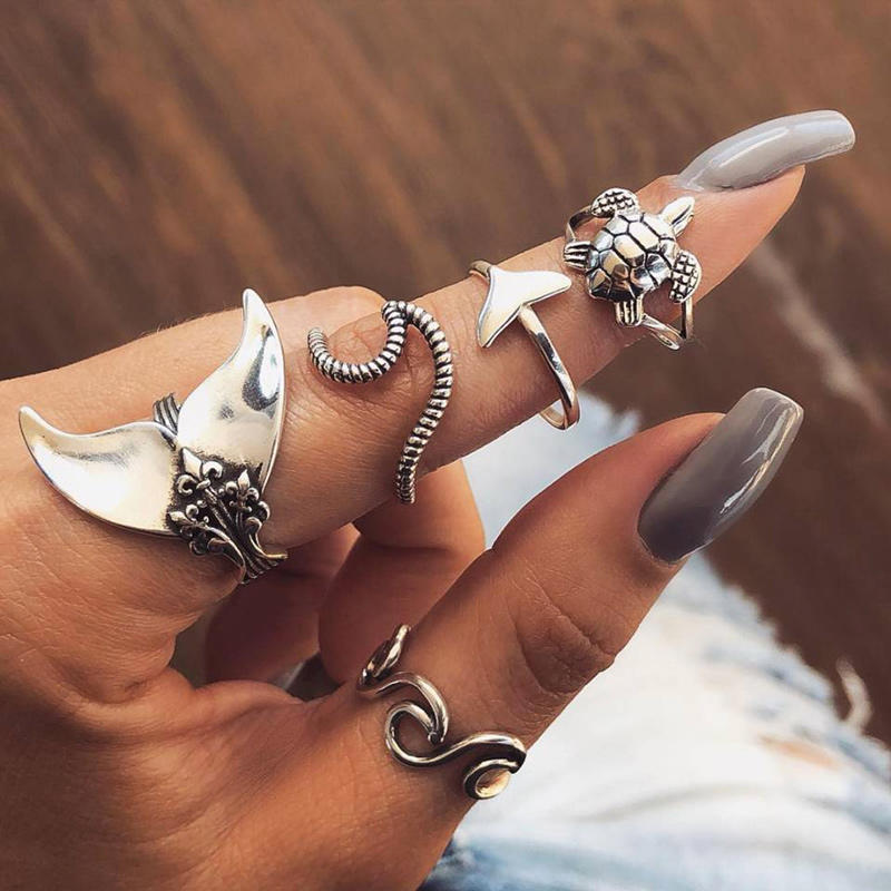 

5Pcs Bohemian Turtle Fish Tail Wave Ring Set, Silver, 501156