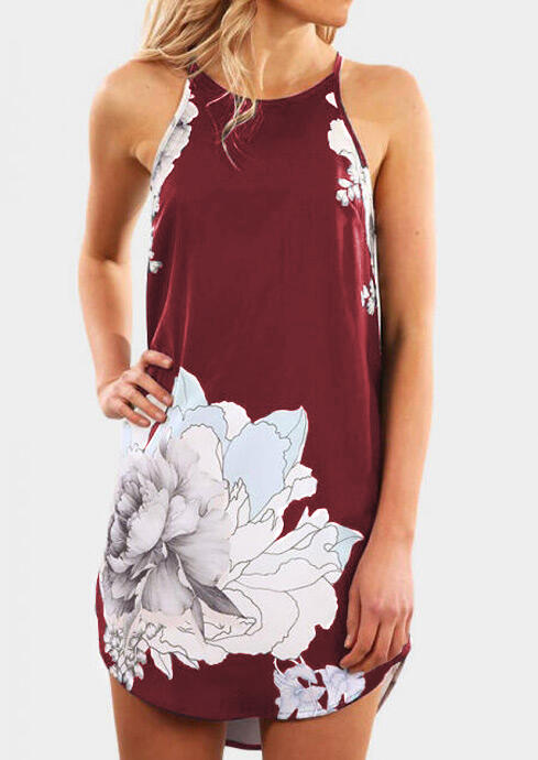 

Floral Sleeveless Mini Dress - Burgundy, 501211