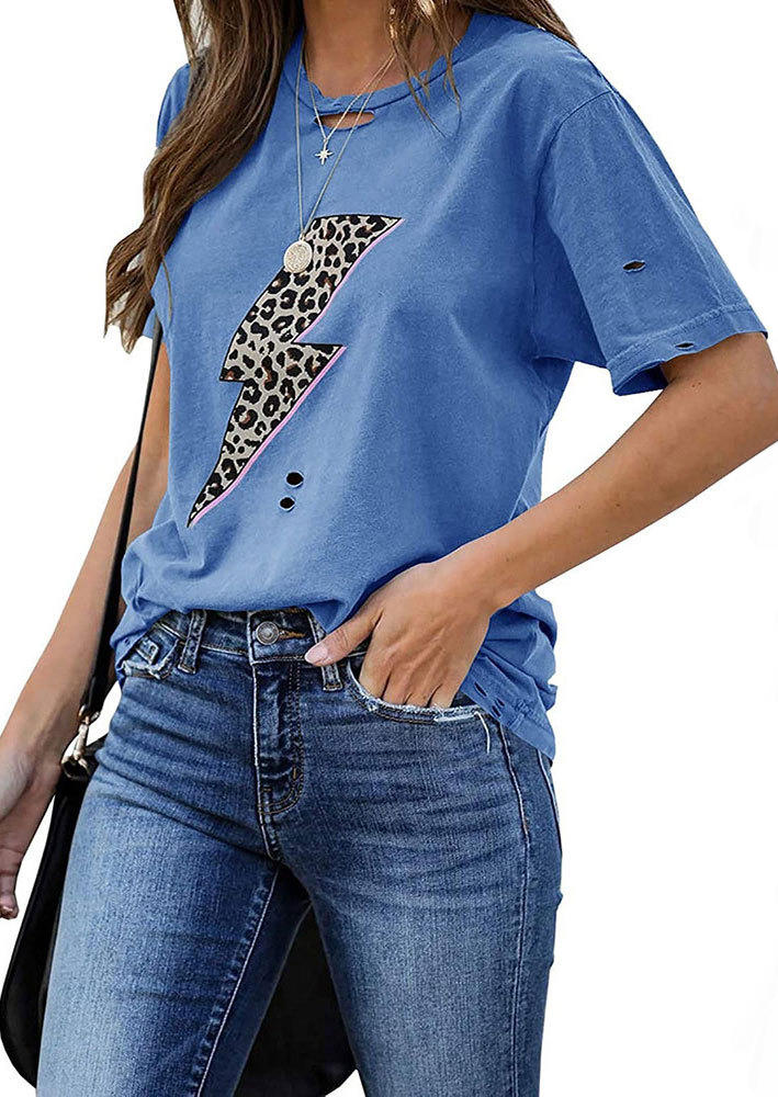 

Leopard Lightning Ripped Hole T-Shirt Tee - Blue, 501215