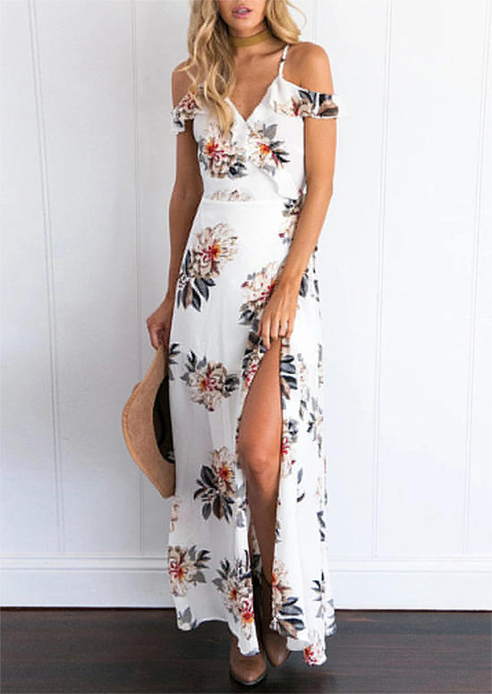 

Floral Open Back Ruffled Slit Cold Shoulder Maxi Dress - White, 501237