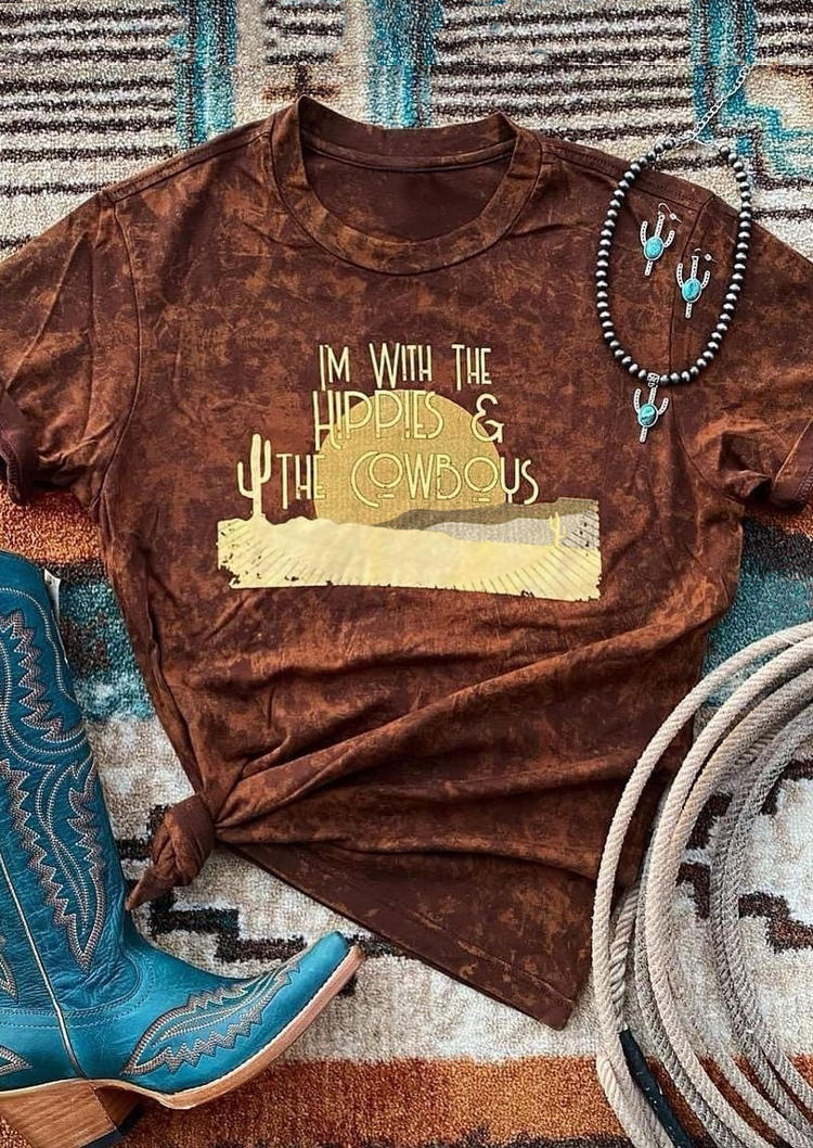

I' With The Hippies And The Cowboys Cactus T-Shirt Tee - Coffee, 499448