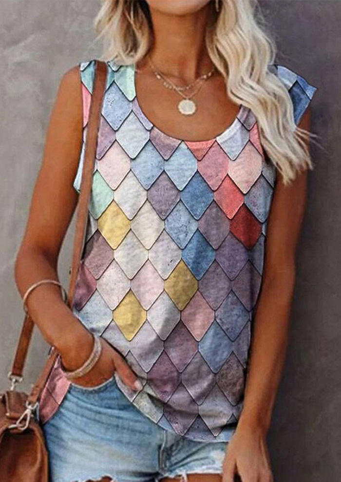 

Colorful Geometric Diamond O-Neck Tank, Multicolor, 500432