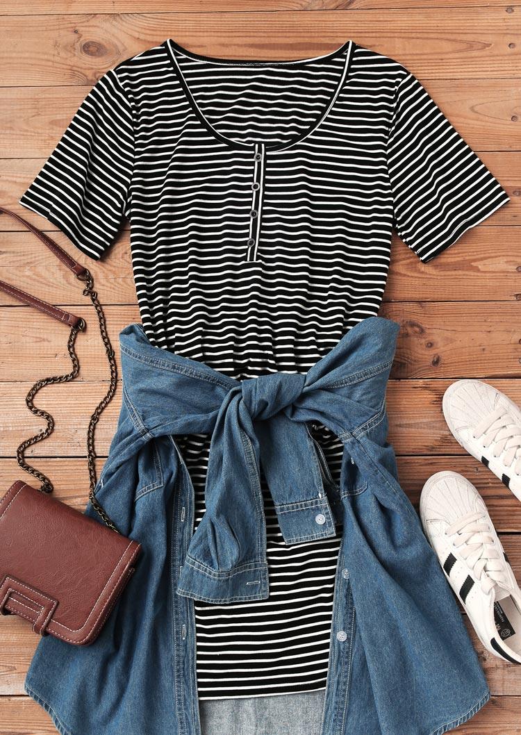 Striped Button O-Neck Mini Dress