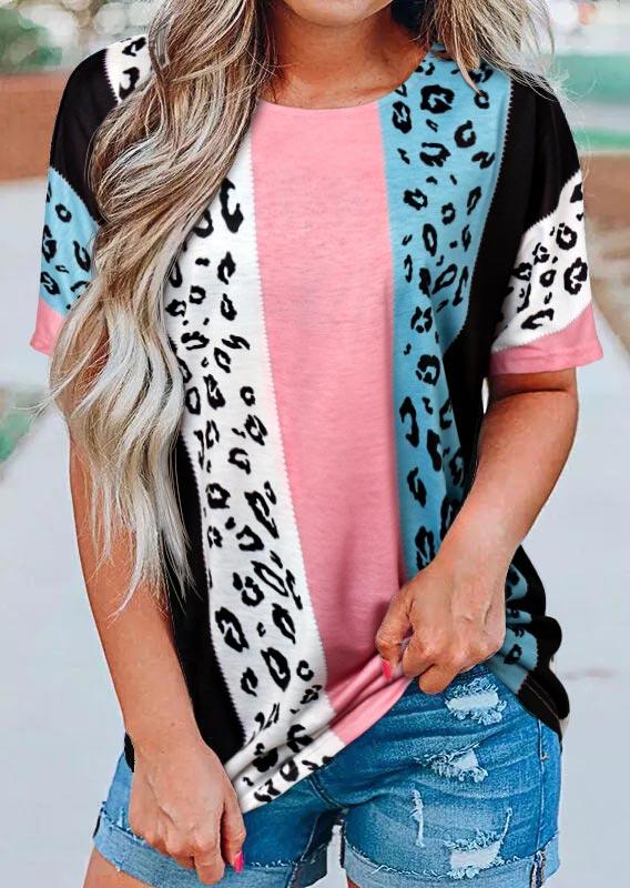 

Leopard Color Block O-Neck Blouse, Multicolor, 500918