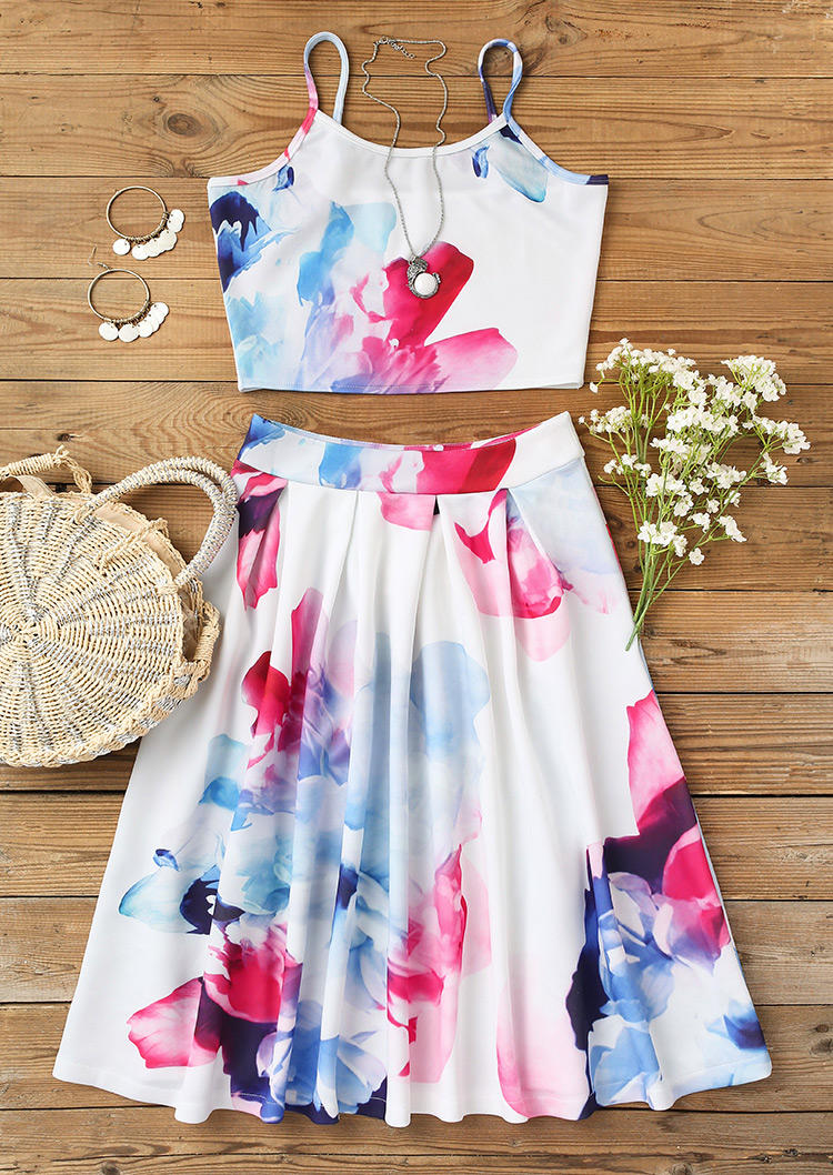 Floral Adjustable Strap Camisole And Skirt Outfit