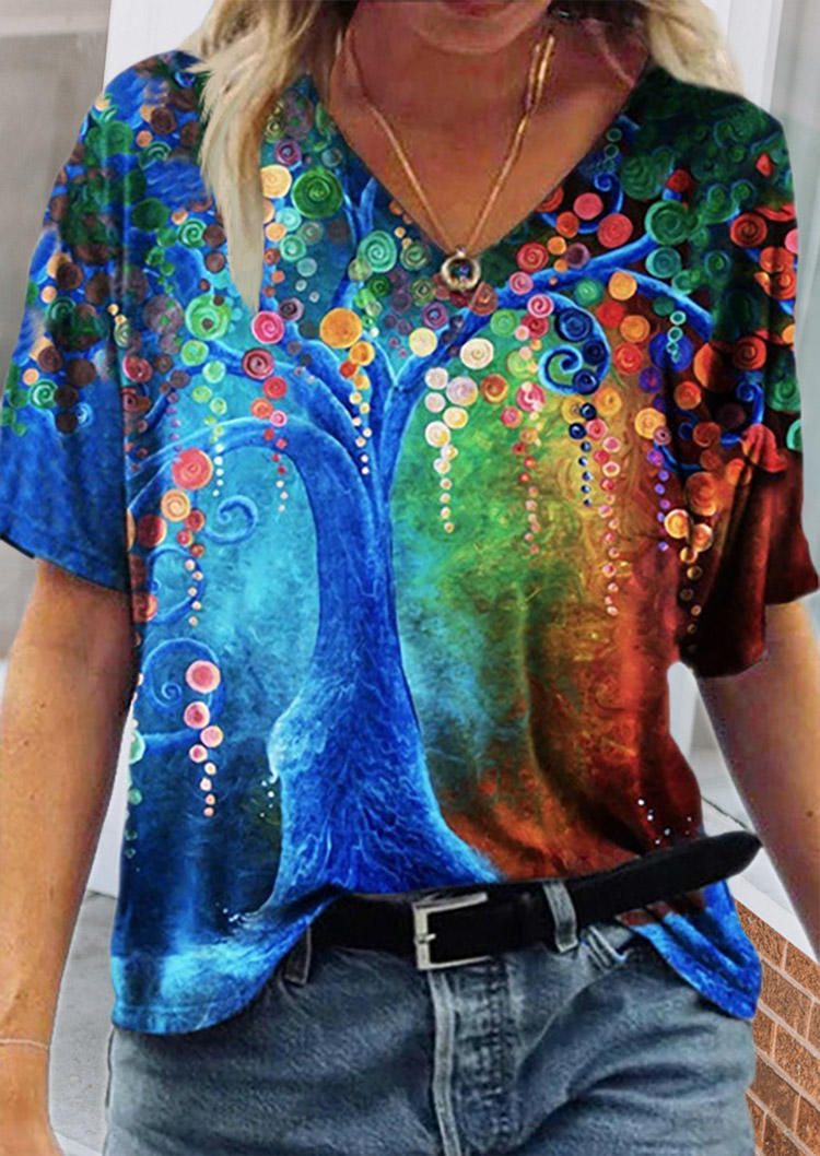 

Tree Oil Painting V-Neck Blouse, Multicolor, 501125
