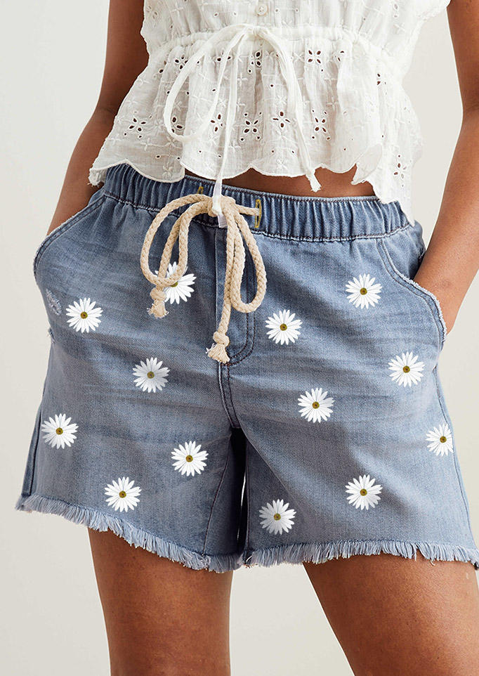 

Daisy Frayed Hem Elastic Waist Drawstring Denim Shorts - Blue, 501130