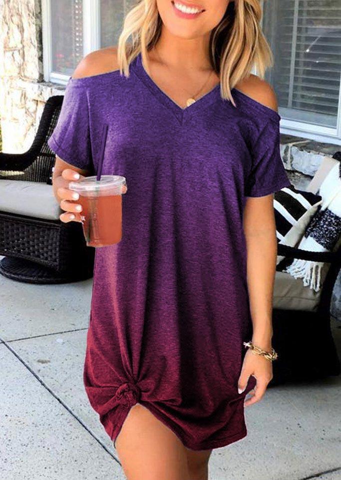 Gradient Cold Shoulder V-Neck Mini Dress