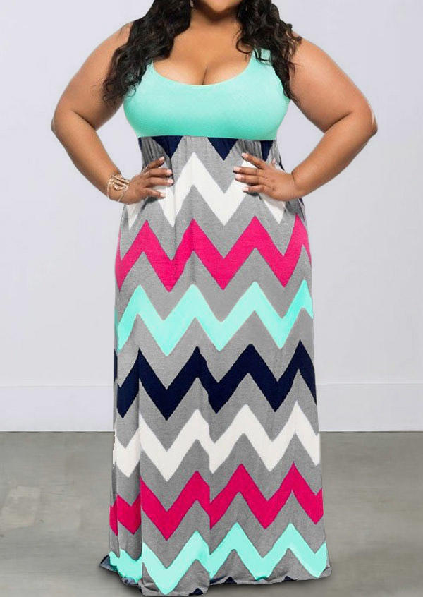 

Plus Size Zigzag Printed Sleeveless Maxi Dress, Multicolor, 144971