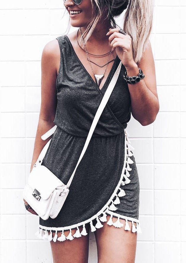 

Tassel Elastic Waist Wrap V-Neck Mini Dress - Dark Grey, 498592