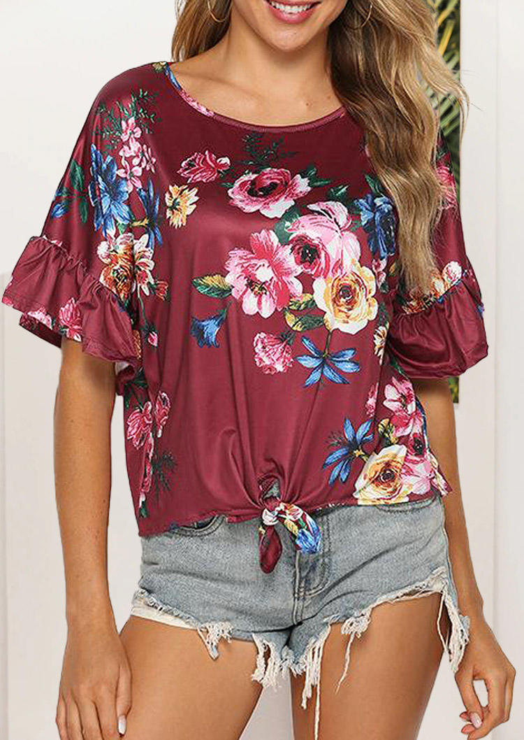 

Floral Ruffled Tie Casual Blouse - Burgundy, 499611