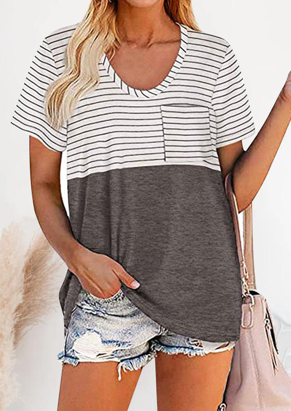 

Striped Color Block Pocket Short Sleeve Blouse - Gray, 501302