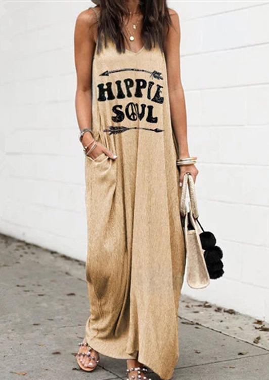 

Hippie Soul Arrow Pocket Sleeveless Maxi Dress - Khaki, 501321