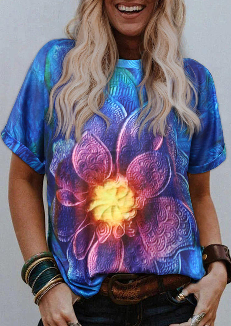 

Gradient Floral O-Neck Blouse - Blue, 501329