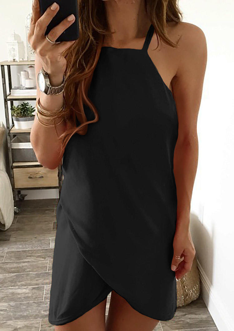 

Asymmetric Wrap Sleeveless Halter Mini Dress - Black, 501341