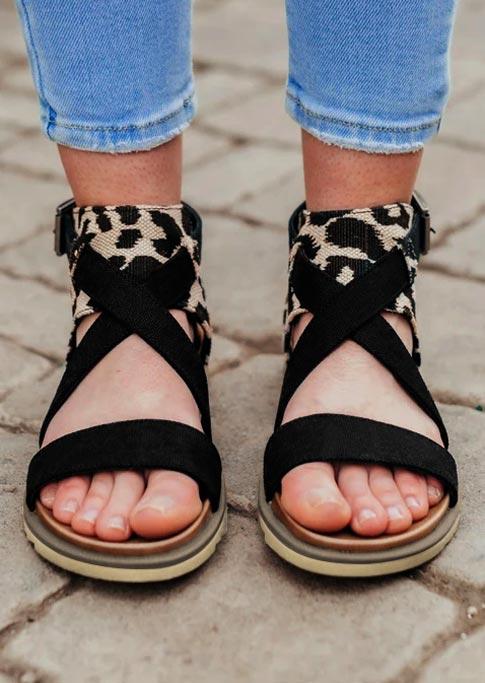 

Leopard Buckle Strap Criss-Cross Sandals - Black, 501369