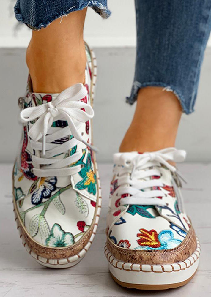 

Floral Lace Up Flat Sneakers, Multicolor, 501411