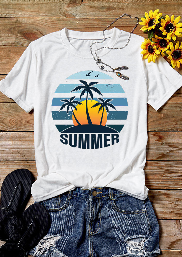 

Summer Coconut Tree Sunset O-Neck T-Shirt Tee - White, 501458