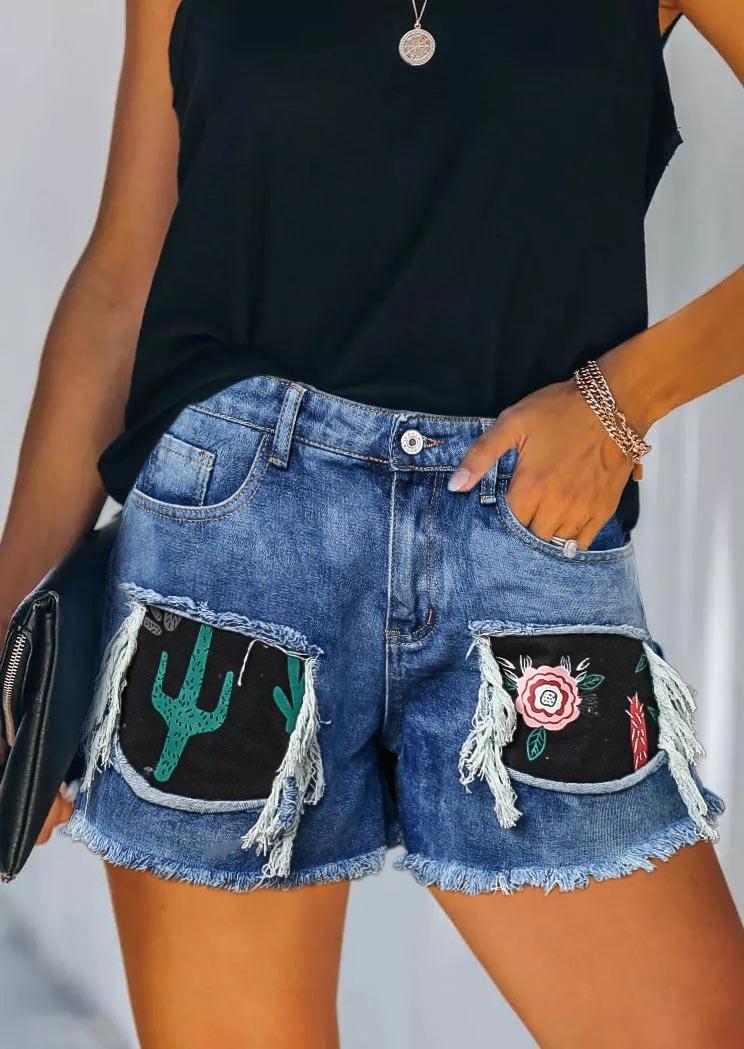 

Cactus Floral Patch Pocket Distressed Denim Shorts - Blue, 501233