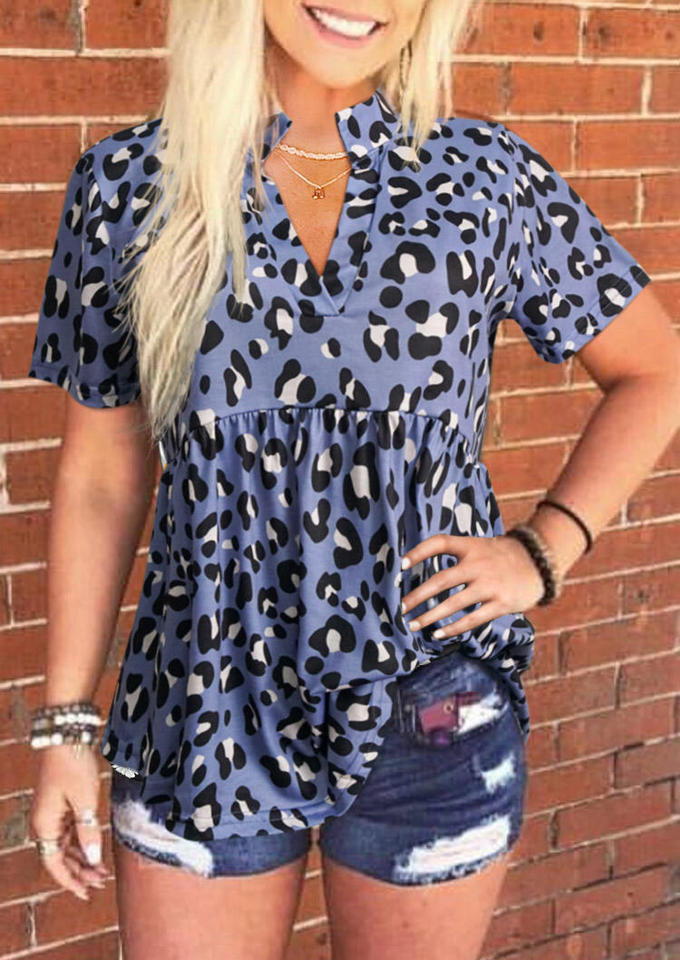 

Leopard Ruffled Short Sleeve V-Neck Blouse, 501306
