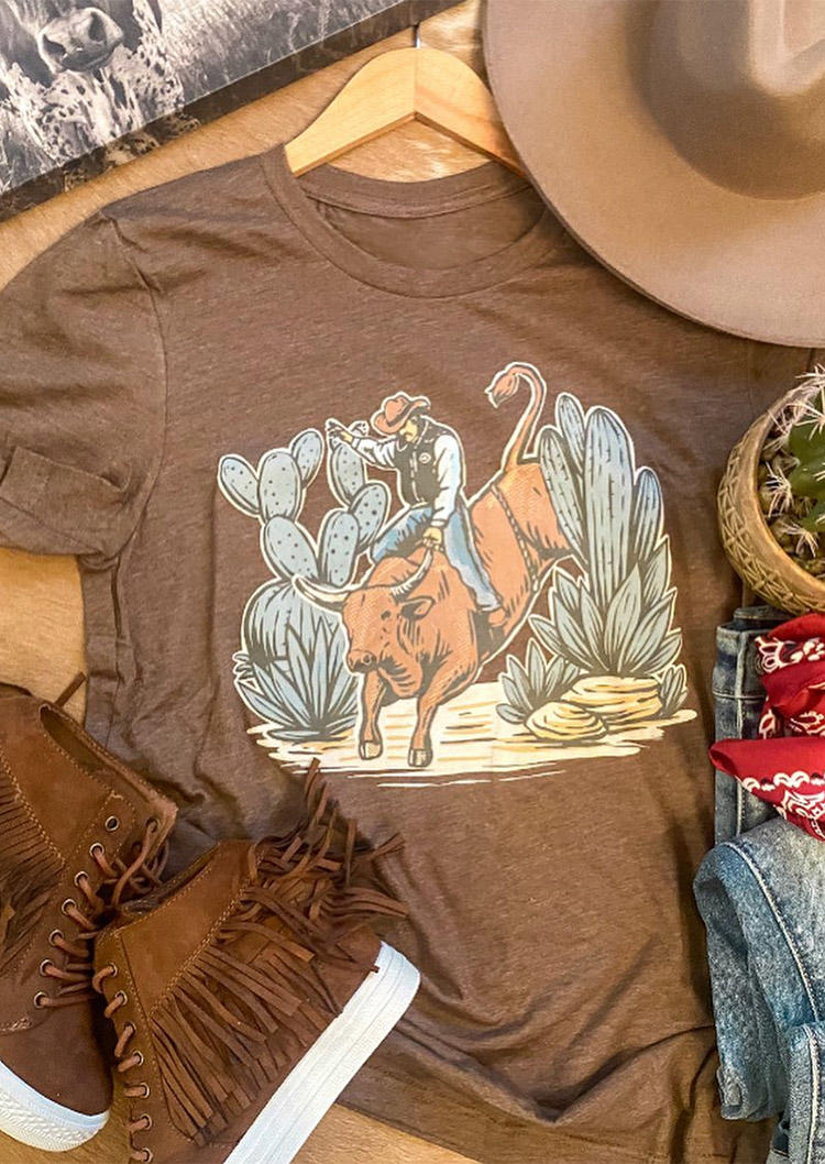 

Western Cowboy Cactus T-Shirt Tee - Light Coffee, 501454