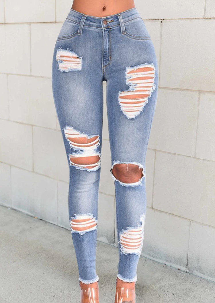 

Hollow Out Frayed Hem Distressed Denim Jeans - Blue, 501463
