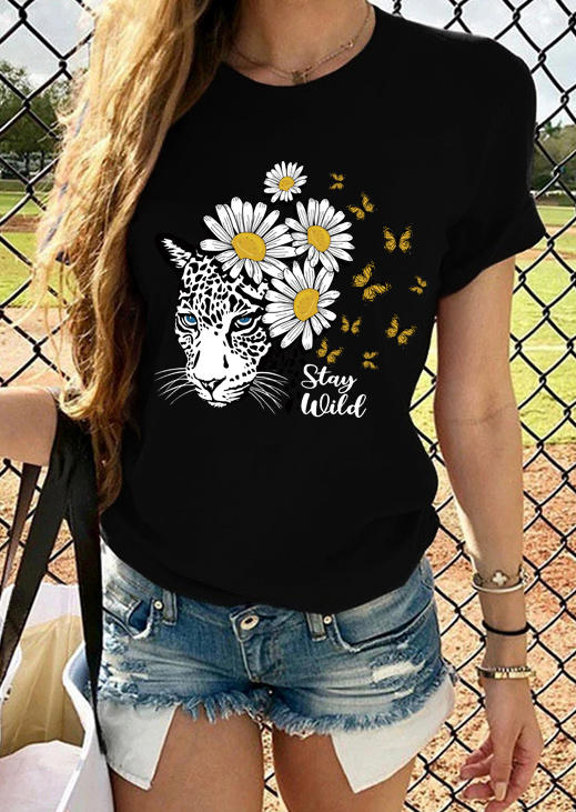 Buy Tiger Daisy Butterfly Stay Wild T-Shirt Tee - Black. Picture