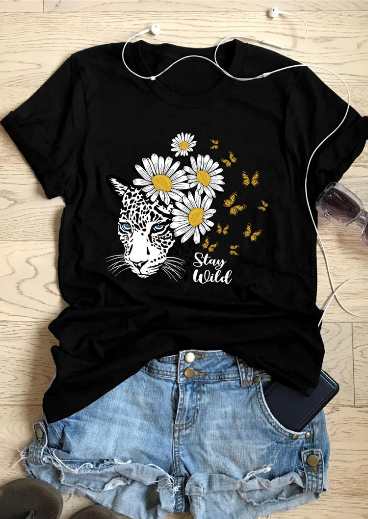 

Leopard Daisy Butterfly Stay Wild T-Shirt Tee - Black, 501475