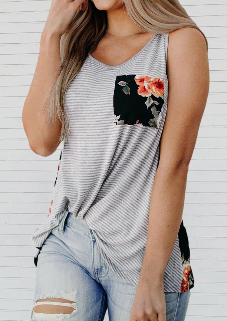 

Floral Striped Pocket Casual Tank, Multicolor, 501481