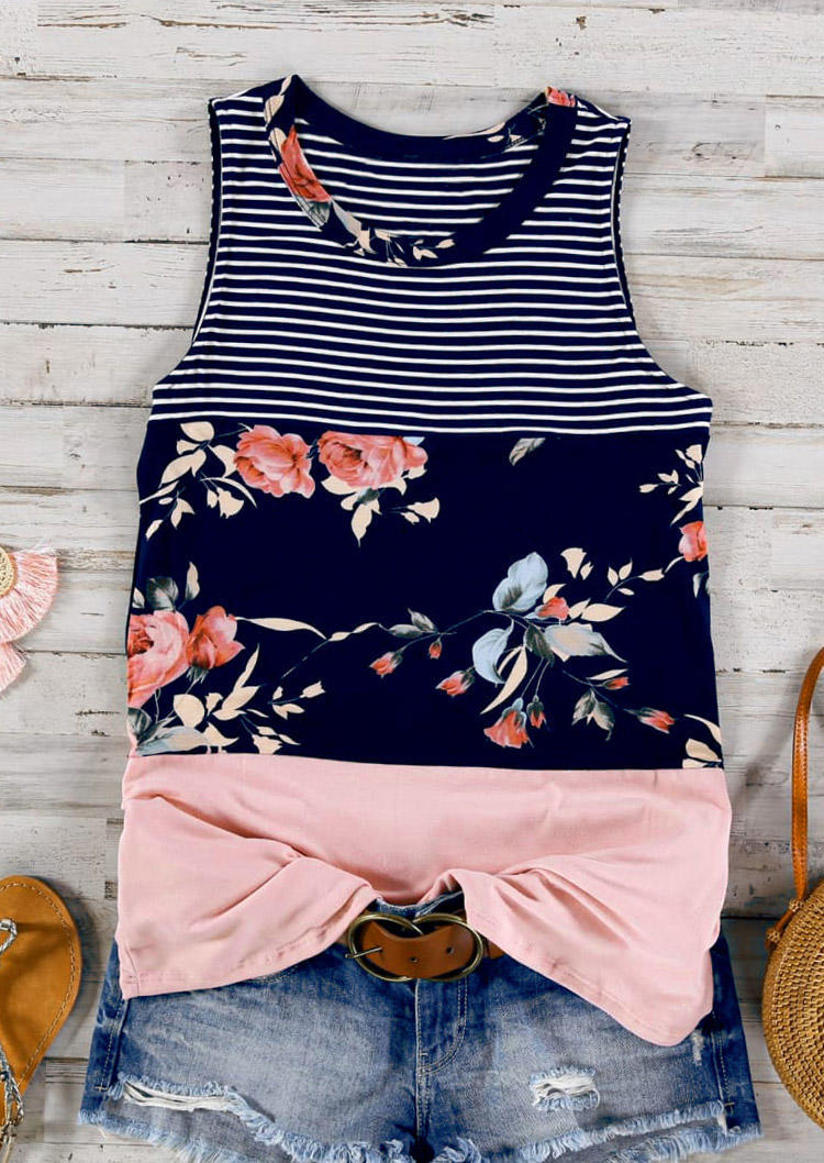 

Floral Striped O-Neck Tank, Multicolor, 501570