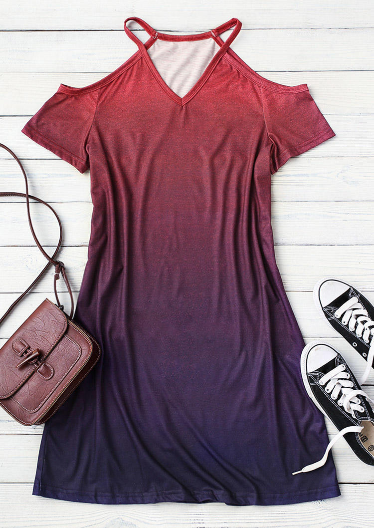 Gradient Cold Shoulder V-Neck Mini Dress