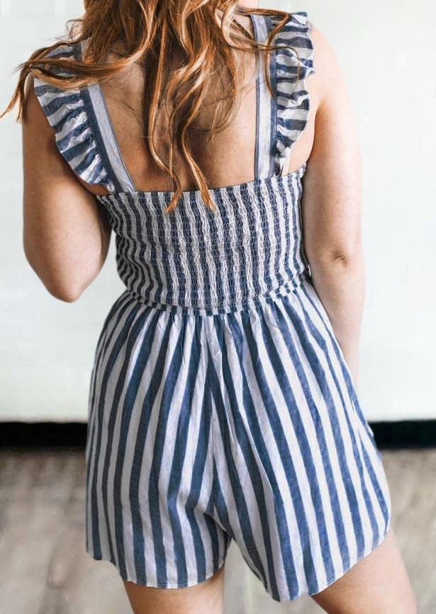 Striped Ruffled Button Smocked Waist Romper