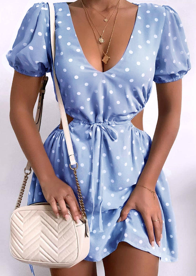 

Polka Dot Hollow Out Drawstring Tie Mini Dress - Light Blue, 501307