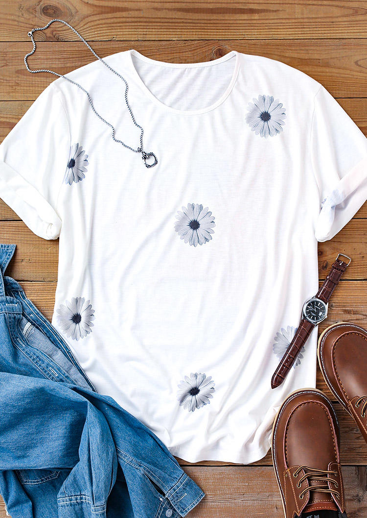 Men Daisy Short Sleeve O-Neck T-Shirt Tee - White