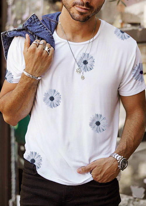 

Men Daisy Short Sleeve O-Neck T-Shirt Tee - White, 501364