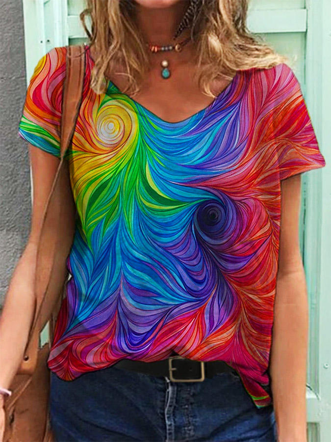 

Swirl Oil Painting V-Neck Blouse, Multicolor, 501377