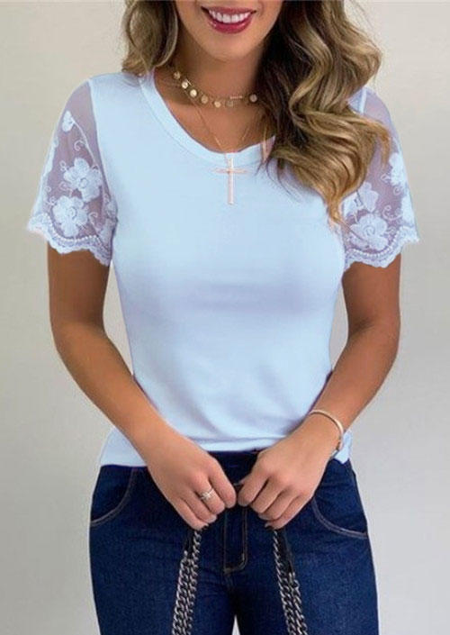 

Lace Splicing O-Neck Blouse - Light Blue, 501426
