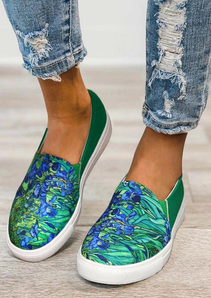 

Floral Leaf Slip On Flat Sneakers - Green, 501440