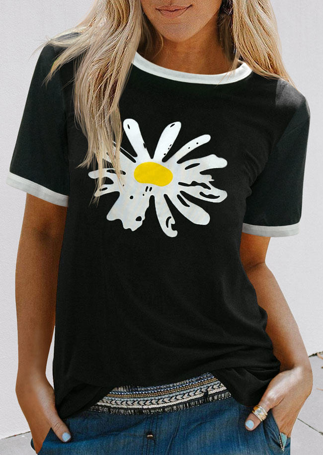 

Daisy Floral O-Neck T-Shirt Tee - Black, 501497